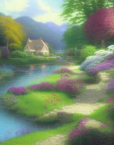 A painting of a cottage by a river with vivid flowers