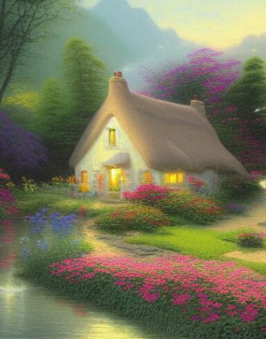 A painting of a cottage near a river with many flowers