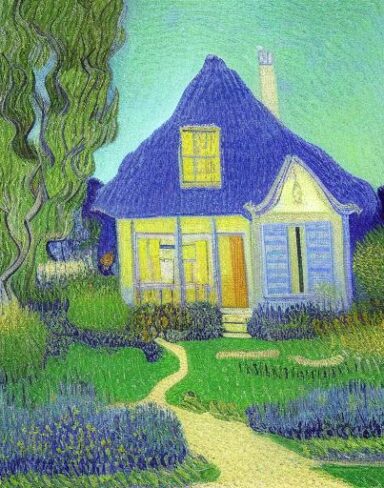 A painting of a house with a garden