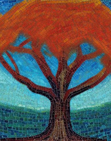 A painting of a tree with a sky