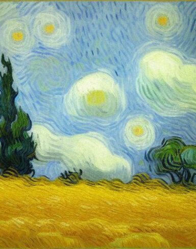 A painting of a wheatfield with cypress trees