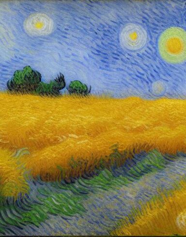 A painting of a wheatfield with cypress trees