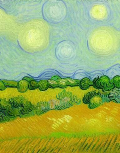 A painting of a wheatfield with trees