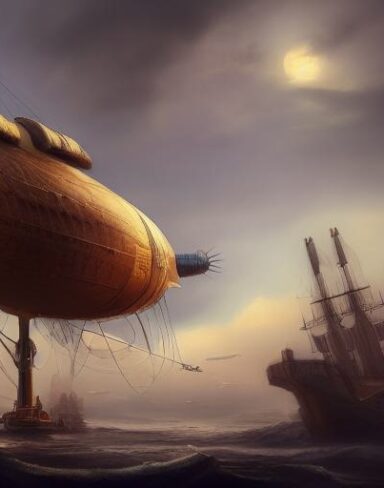 A painting of a woman with a giant ship