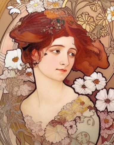 A painting of a woman with flowers in her brown hair
