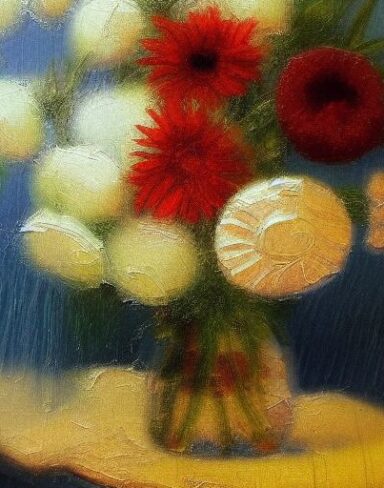 A painting of beautiful flowers in a vase