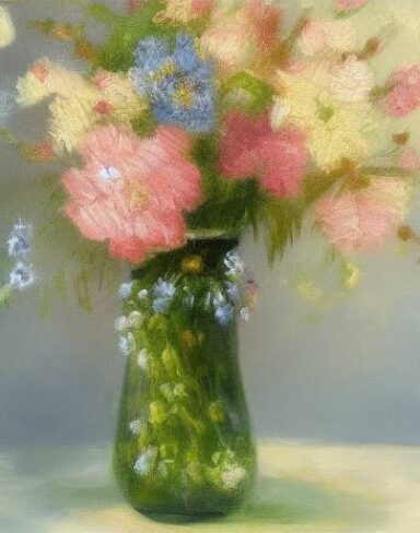 A painting of flowers in beautiful vase on the table