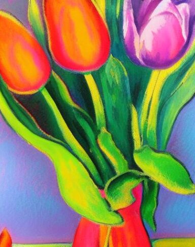A painting of pink tulips in a vase