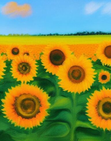 A painting of sunflowers in a field
