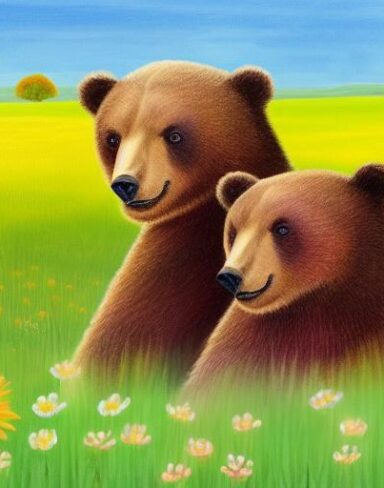 A painting of two bears in a flower field