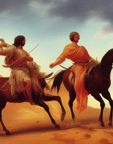 A painting of two man riding on two horse in the desert