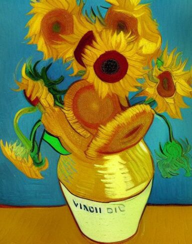 A painting of yellow sunflowers