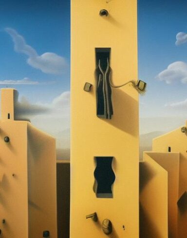 A painting on the side of a building in the sky