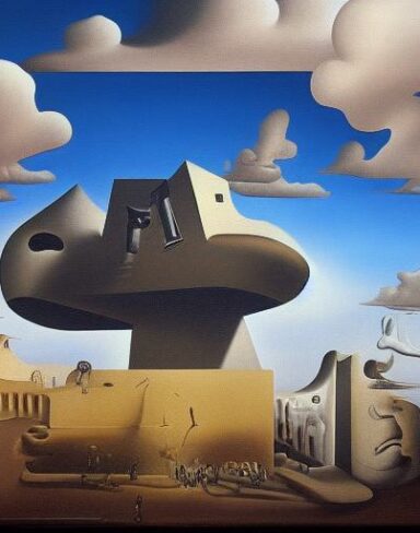 A painting on the side of a building in the sky