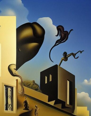 A painting on the side of a building with sculptures and sky