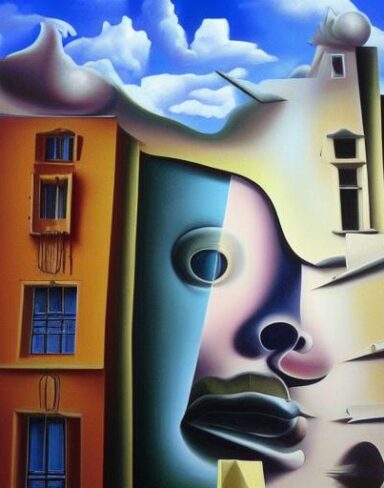 A painting on the side of a building with sculptures and sky