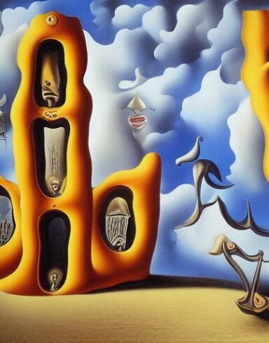 A painting on the side of a building with sculptures and sky