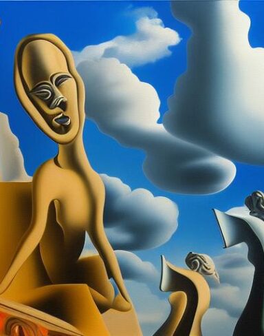 A painting on the side of a building with sculptures and sky