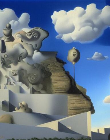 A painting on the side of a building with sculptures and sky