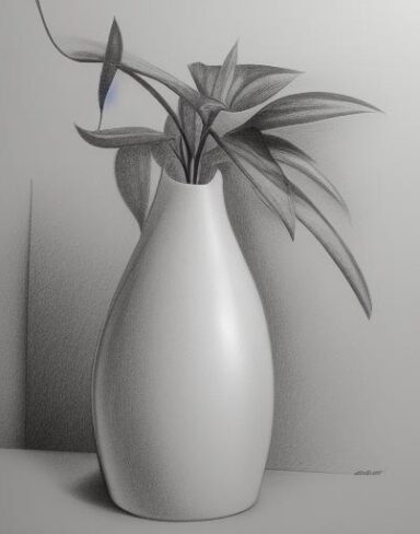 A pencil drawing of a plant in vase