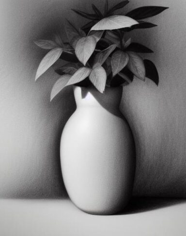 A pencil drawing of a plant in vase