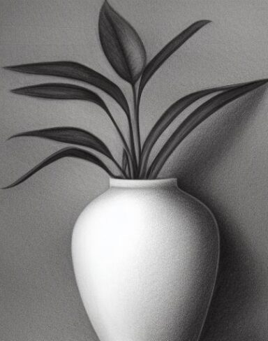 A pencil drawing of a plant in vase