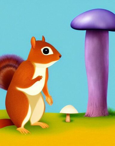 A squirrel standing near a mushroom