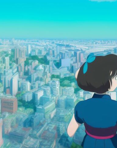 A stunning aerial view anime portrait from Studio Ghibli captures a school girl in a teal uniform standing on top of a massive-scale building