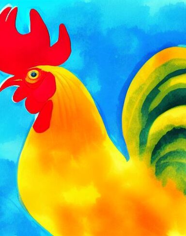 A watercolor painting of one rooster