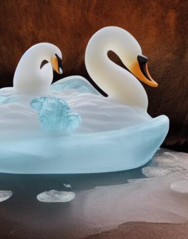 An tranquil ice sculpture of two flowing ice-made swans on a wave