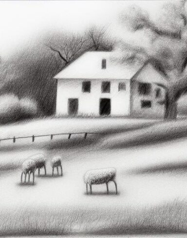 Black and white drawing of sheep and some trees with house