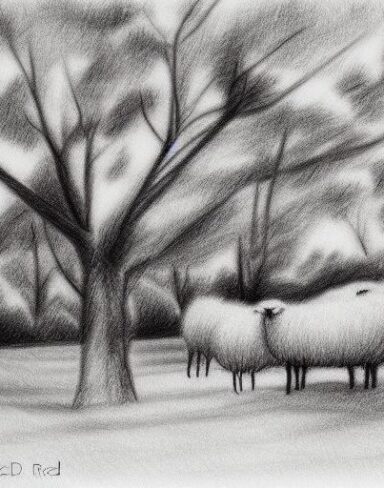 Black and white drawing of sheep and trees