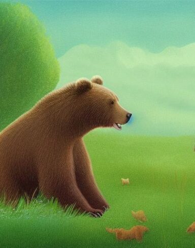 Brown bear sitting on green field