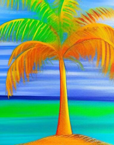 Color painting of a palm tree on a beach