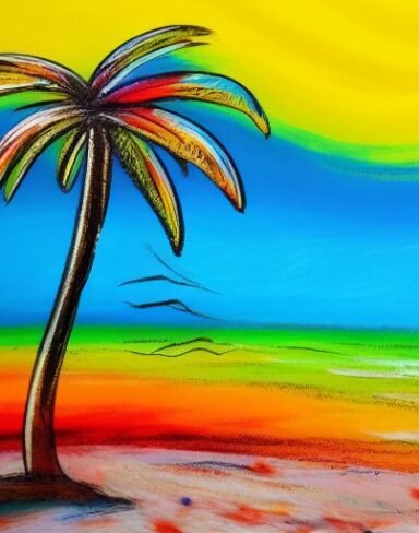Color painting of palm tree on a beach