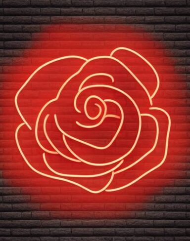 Flower neon sign on a brick wall