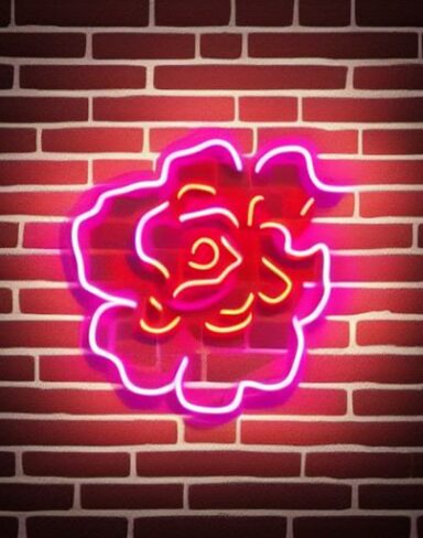 Flower neon sign on a brick wall