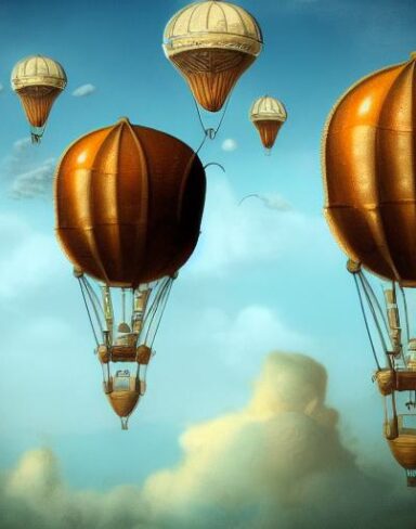 Joyful detail steampunk art of a mechanical airship flying in the blue sky