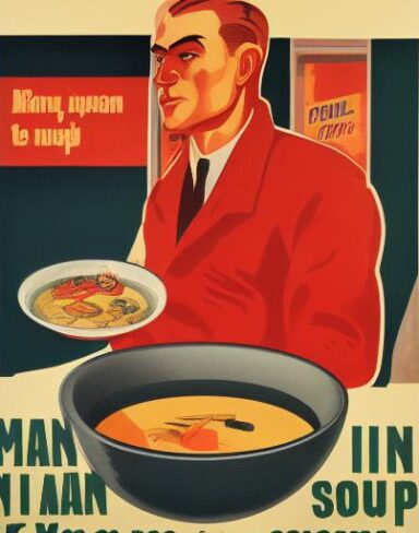 Man in front of a bowl of soup