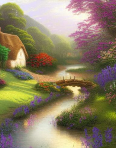 Painting of a cottage by a river with vivid flowers