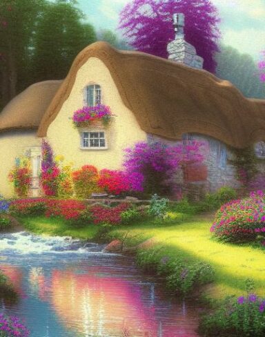 Painting of a cottage by a river with vivid flowers
