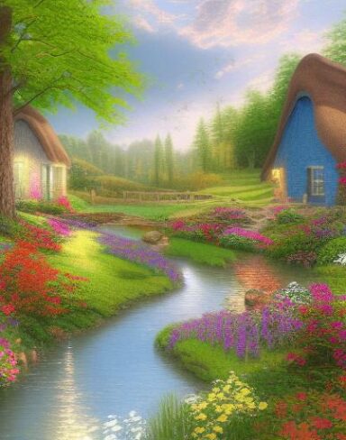 Painting of a cottage by a river with vivid flowers