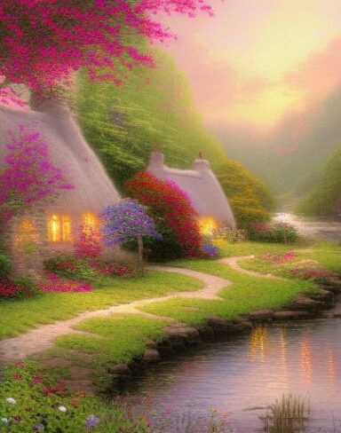 Painting of a cottage by a river with vivid flowers