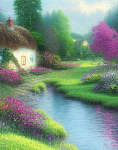 Painting of a cottage by a river with vivid flowers