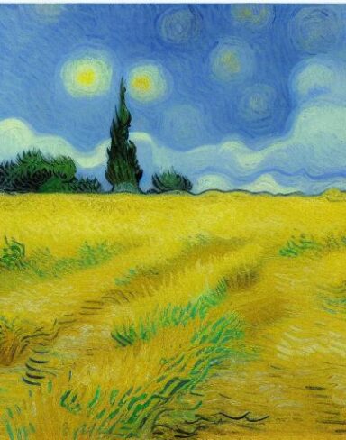 Painting of a wheatfield with cypress trees