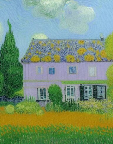 Painting of one house in a garden and beautiful flowers