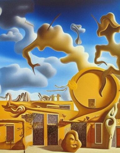 Painting on the side of a building with sculptures and sky