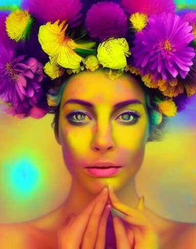 Psychedelic painting of a woman with a flower crown