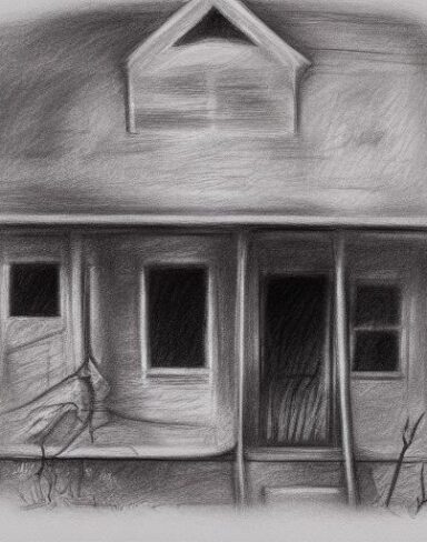 The black and white charcoal drawing of house