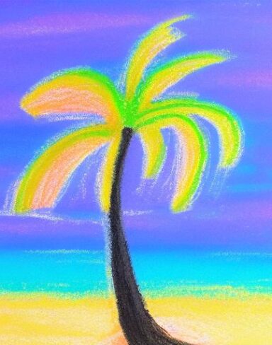 The color painting of a palm tree on a beach